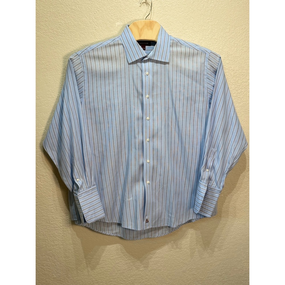 Nordstrom Mens Light Blue Striped Long Sleeve Button Down Dress Shirt 17.5-34